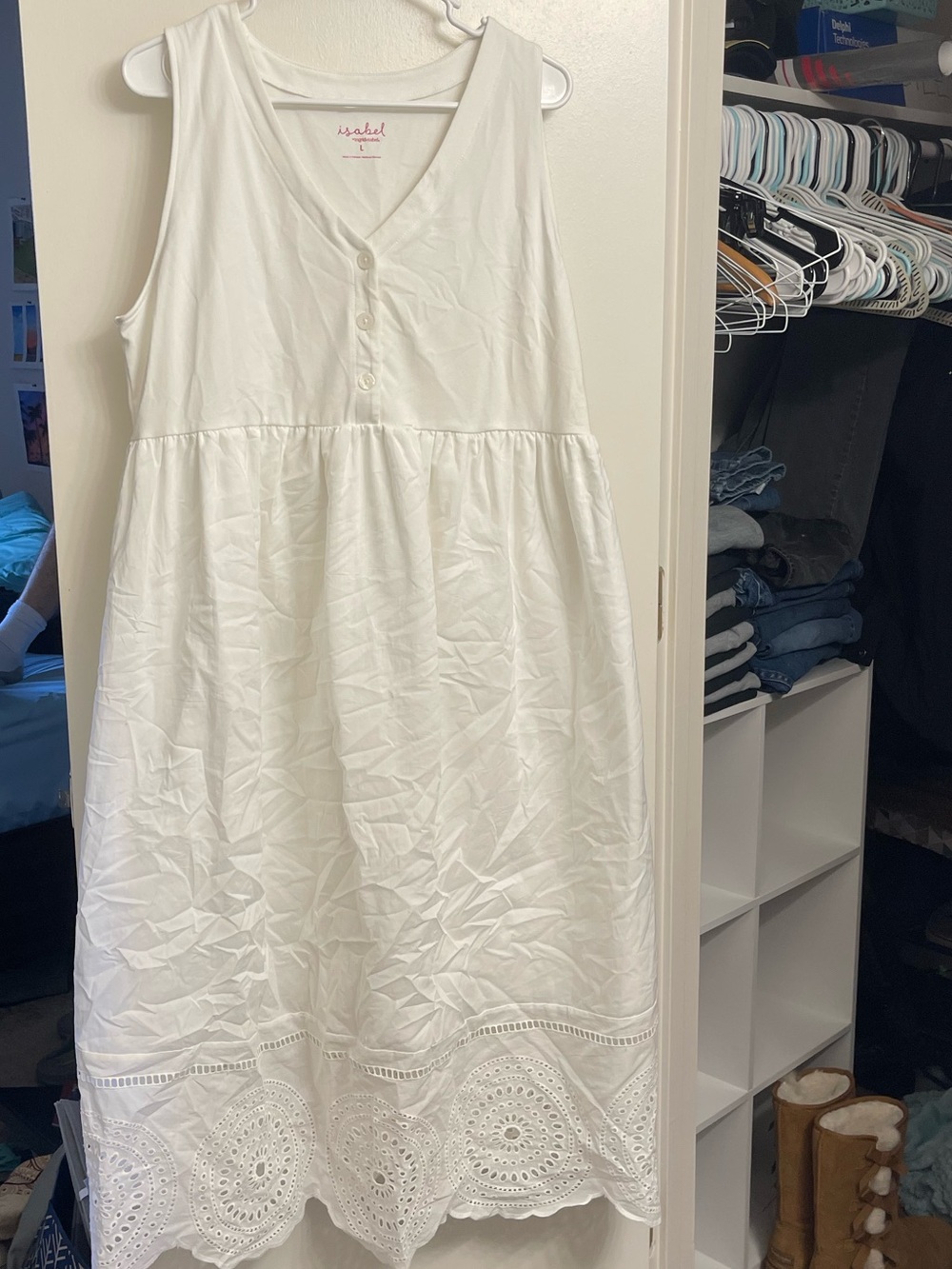 White Eyelet Hem Sleeveless Maternity Dress